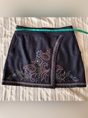 Ramy Brook Dark Denim Paisley Embroidered Mini Skirt
